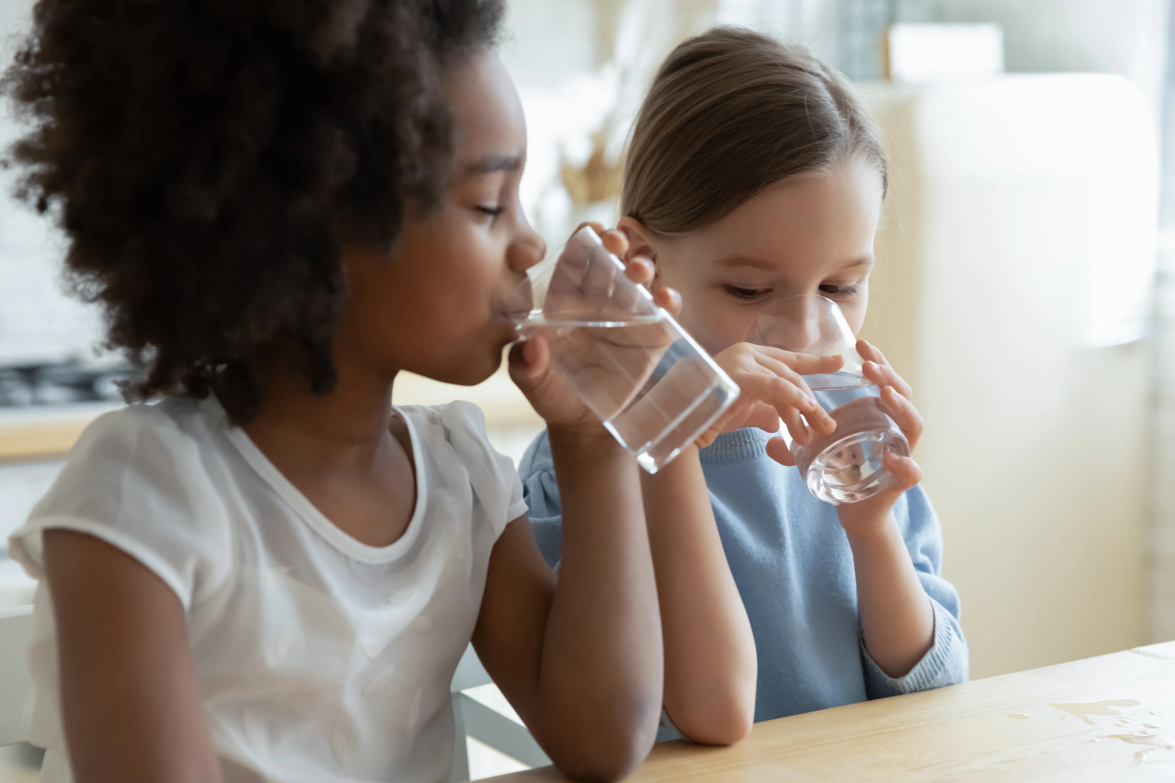 Verre d'eau du robinet et carafe filtrante face à des bouteilles plastique